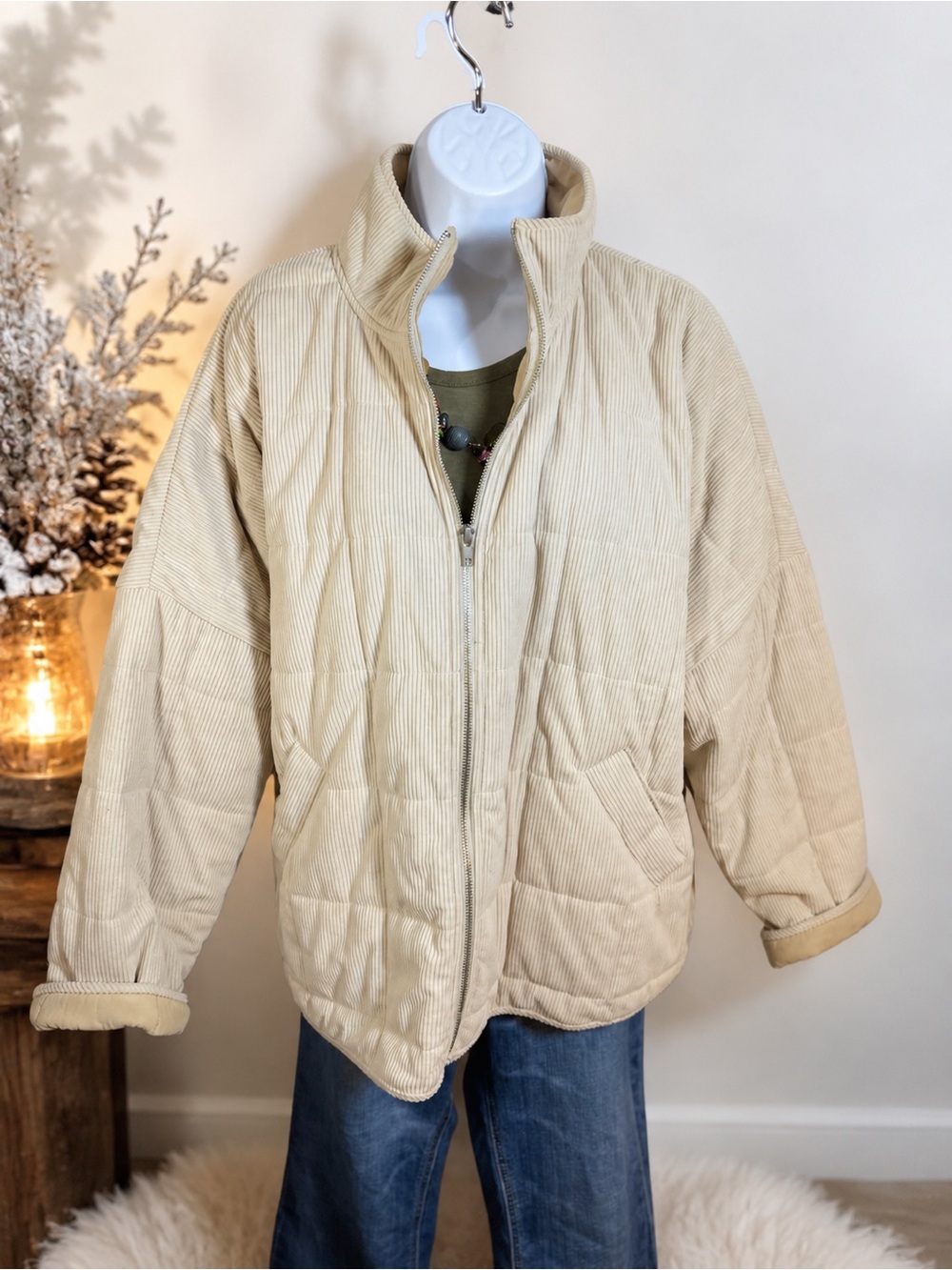 Altar’d State Cream Corduroy Quilted Puffer Jacket Size Large